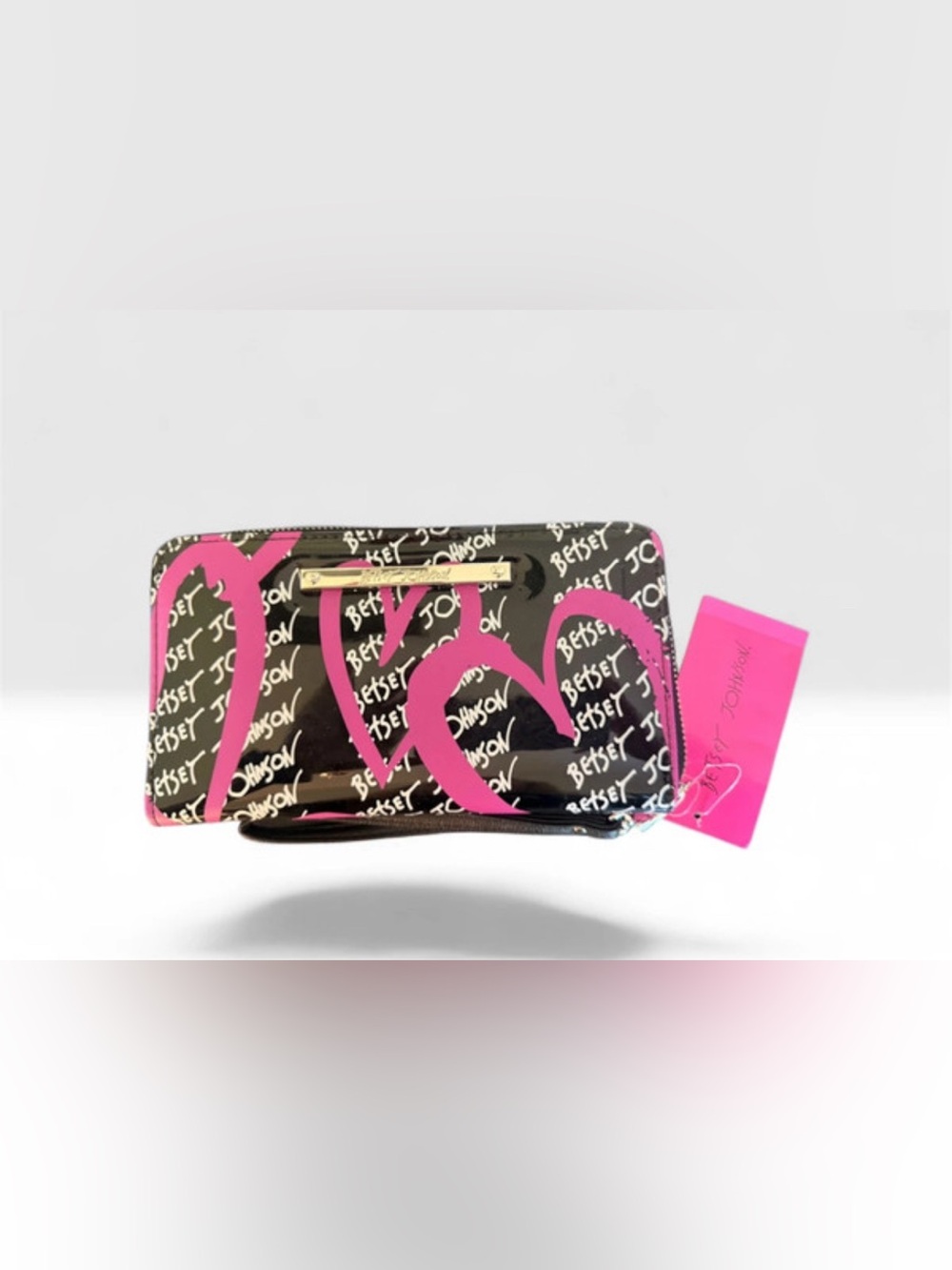 Betsey Johnson Black Wallet with Hot Pink Heart Graffiti